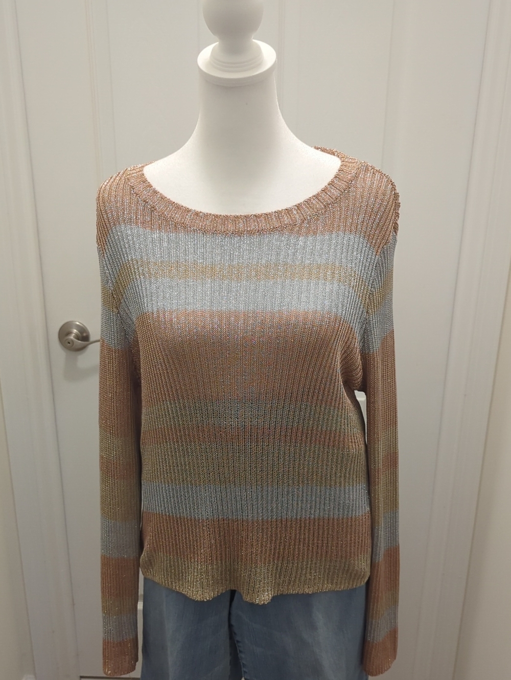 Striped Metallic Knit Sweater in Tan and silver